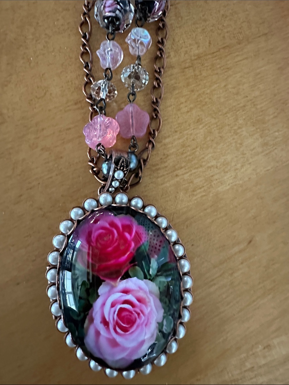Sweet Romance Vintage Photo Locket Multi-Strand Beaded Rose Necklace